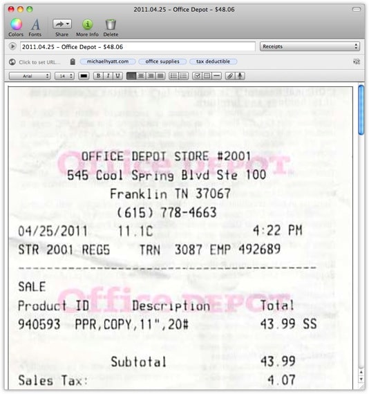 Sample of a scanned receipt in Evernote